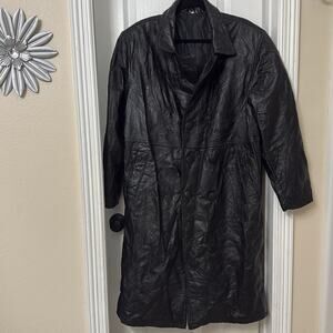 Women's black genuine leather trench coat jacket  size L